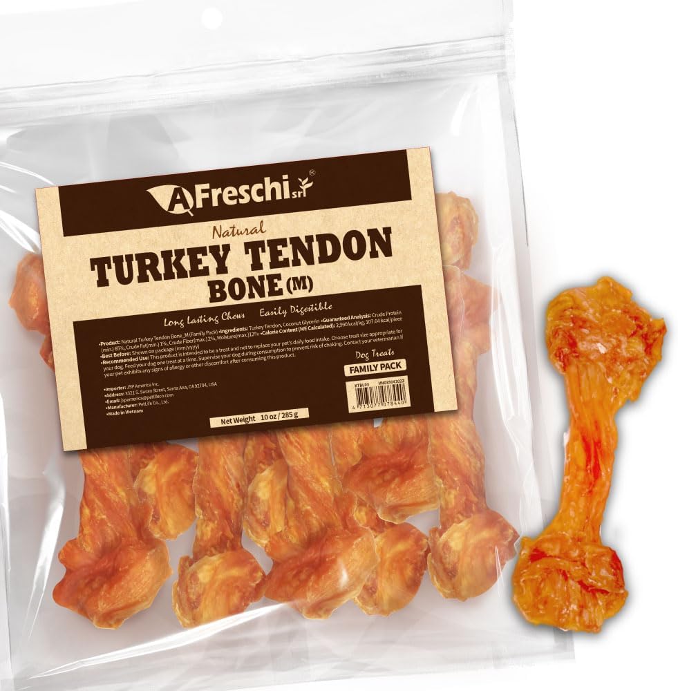 Afreschi Natural Turkey Tendon Bone (L) 10 oz, USA-Sourced Turkey Tendon, All Natural Puppy Chew, Hypoallergenic, Rawhide Alternative, for Large Breeds