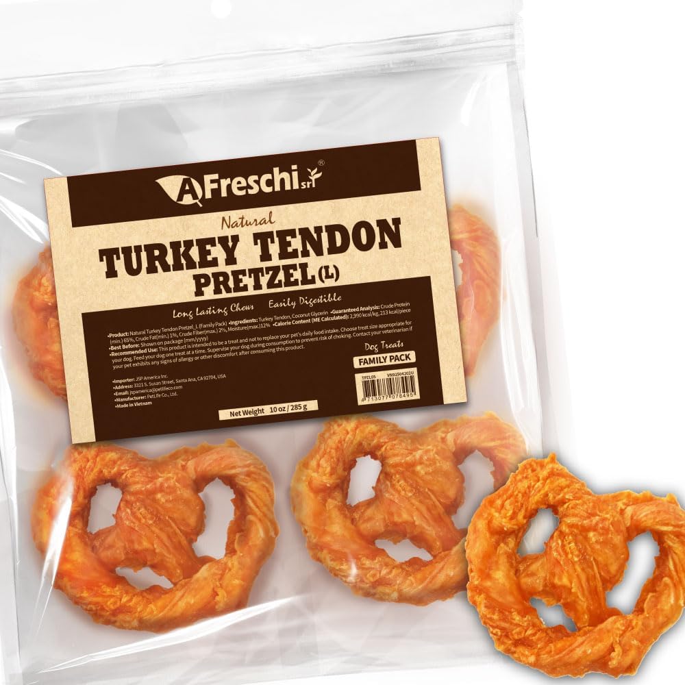 Afreschi Natural Turkey Tendon Bone (L) 10 oz, USA-Sourced Turkey Tendon, All Natural Puppy Chew, Hypoallergenic, Rawhide Alternative, for Large Breeds