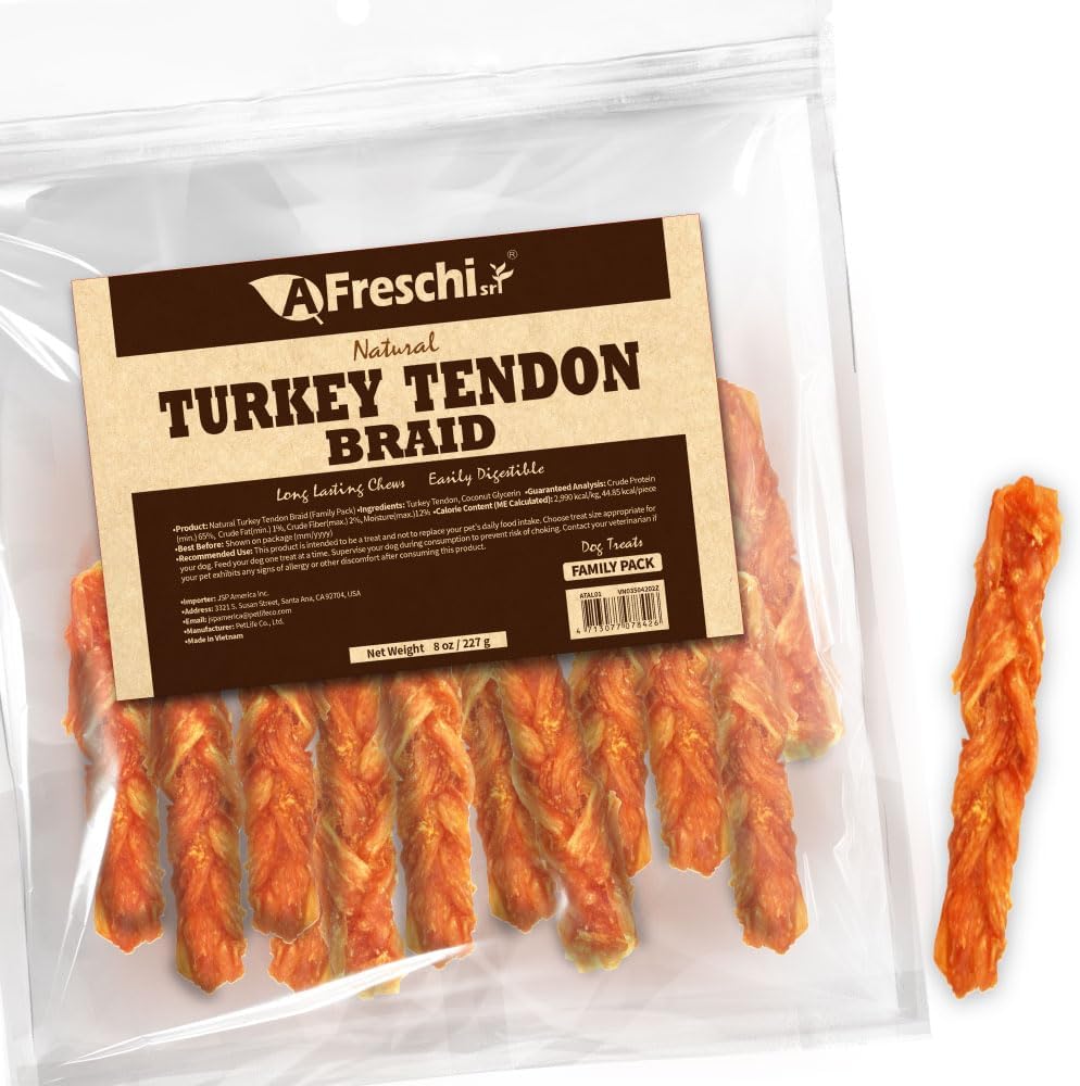 Afreschi Natural Turkey Tendon Bone (L) 10 oz, USA-Sourced Turkey Tendon, All Natural Puppy Chew, Hypoallergenic, Rawhide Alternative, for Large Breeds