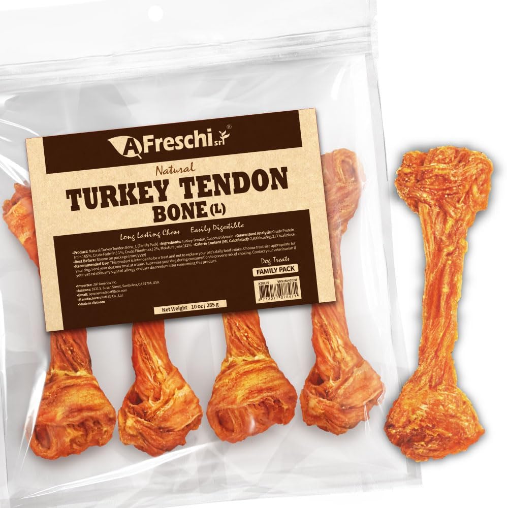 Afreschi Natural Turkey Tendon Bone (M) 10 oz, USA-Sourced Turkey Tendon, All Natural Puppy Chew, Hypoallergenic, Rawhide Alternative, for Medium Breeds
