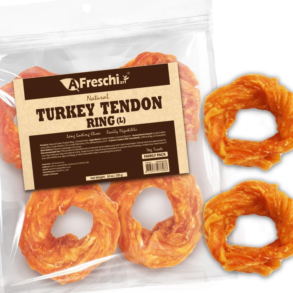 Afreschi Natural Turkey Tendon Bone (M) 10 oz, USA-Sourced Turkey Tendon, All Natural Puppy Chew, Hypoallergenic, Rawhide Alternative, for Medium Breeds