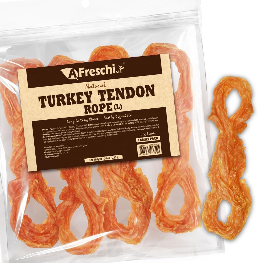 Afreschi Natural Turkey Tendon Bone (M) 10 oz, USA-Sourced Turkey Tendon, All Natural Puppy Chew, Hypoallergenic, Rawhide Alternative, for Medium Breeds