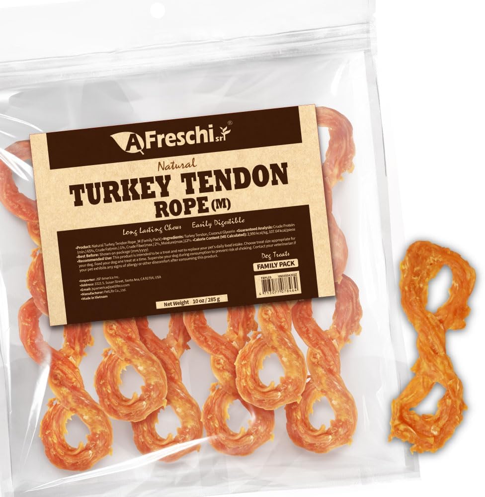 Afreschi Natural Turkey Tendon Bone (M) 10 oz, USA-Sourced Turkey Tendon, All Natural Puppy Chew, Hypoallergenic, Rawhide Alternative, for Medium Breeds