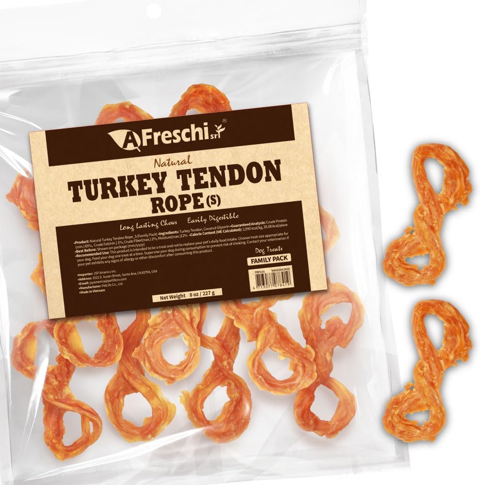 Afreschi Natural Turkey Tendon Bone (L) 10 oz, USA-Sourced Turkey Tendon, All Natural Puppy Chew, Hypoallergenic, Rawhide Alternative, for Large Breeds