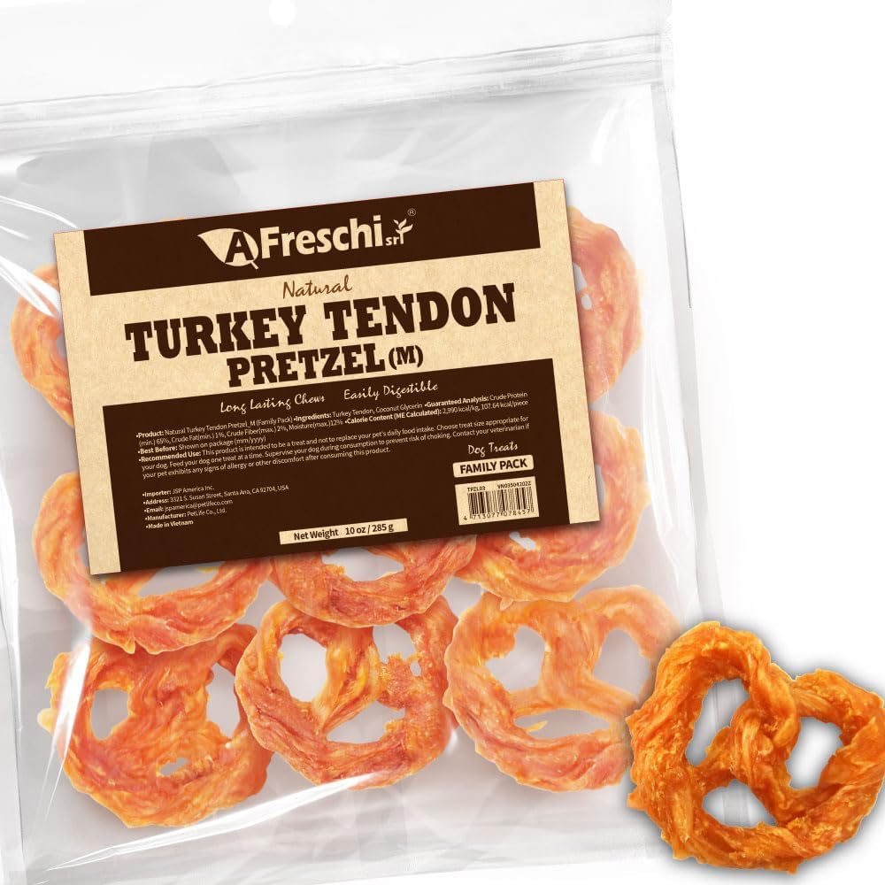 Afreschi Natural Turkey Tendon Bone (M) 10 oz, USA-Sourced Turkey Tendon, All Natural Puppy Chew, Hypoallergenic, Rawhide Alternative, for Medium Breeds