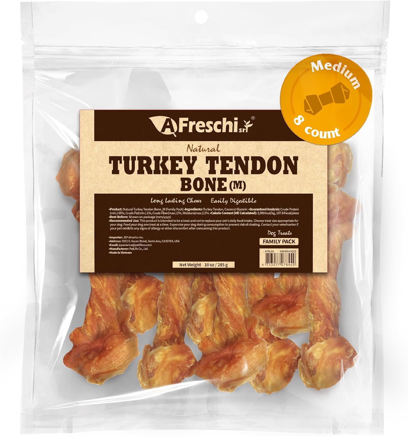 Afreschi Natural Turkey Tendon Bone (S) 8 oz, Turkey Sourced from USA, All Natural Puppy Chew, Hypoallergenic, Rawhide Alternative, for Small Breeds