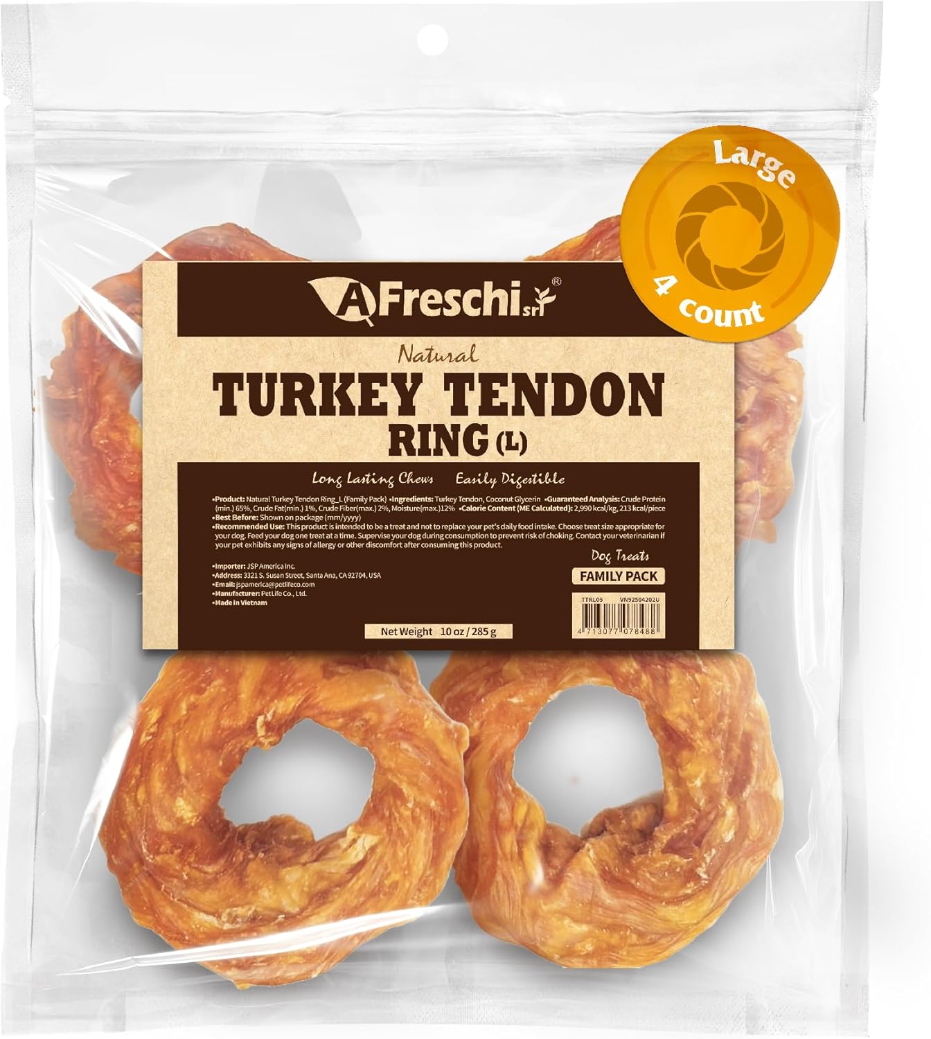 Afreschi Natural Turkey Tendon Ring (L) 10 oz, USA-Sourced Turkey Tendon, All Natural Puppy Chew, Hypoallergenic, Rawhide Alternative,for Large Breeds
