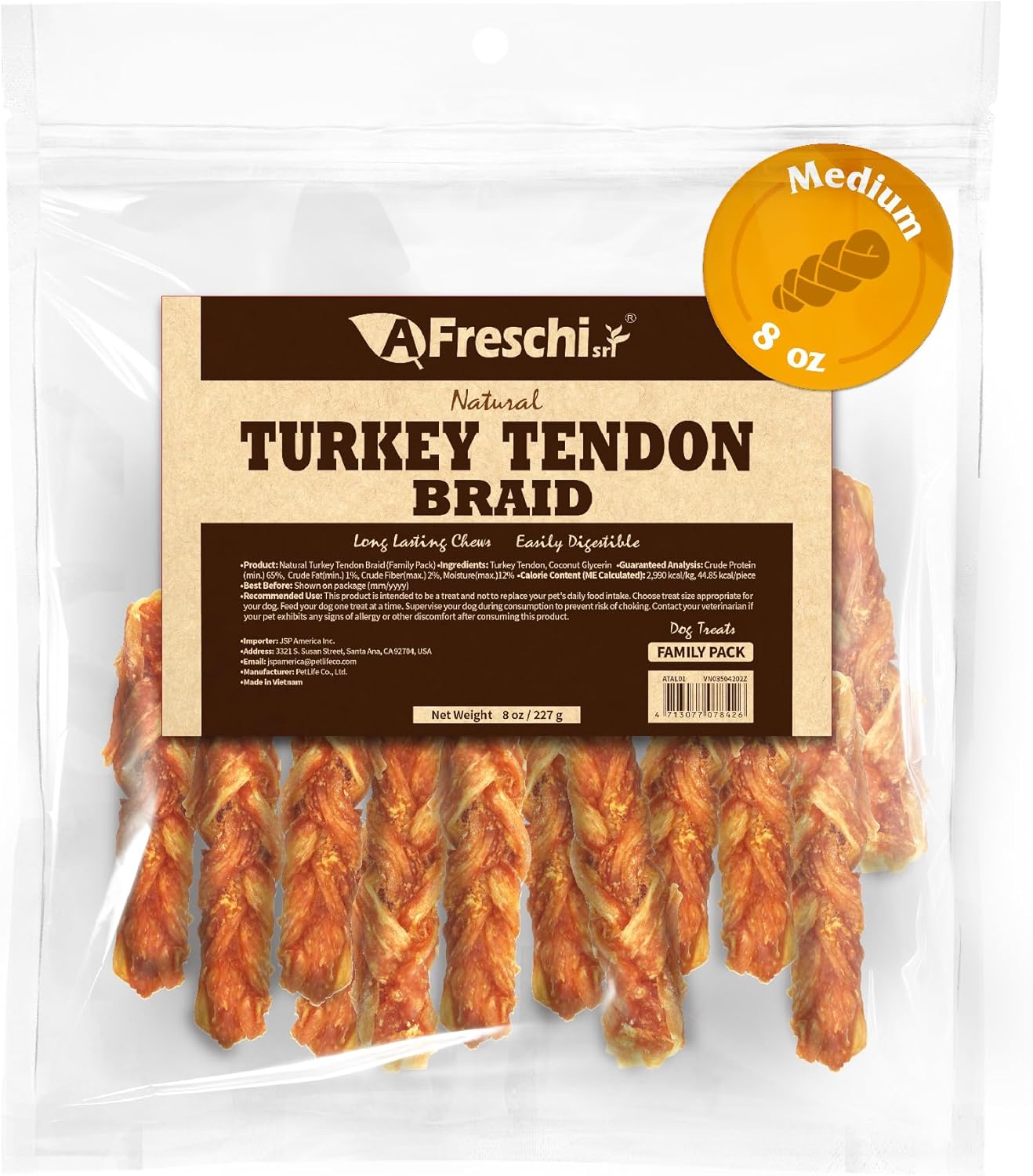 Afreschi Natural Turkey Tendon Bone (S) 8 oz, Turkey Sourced from USA, All Natural Puppy Chew, Hypoallergenic, Rawhide Alternative, for Small Breeds
