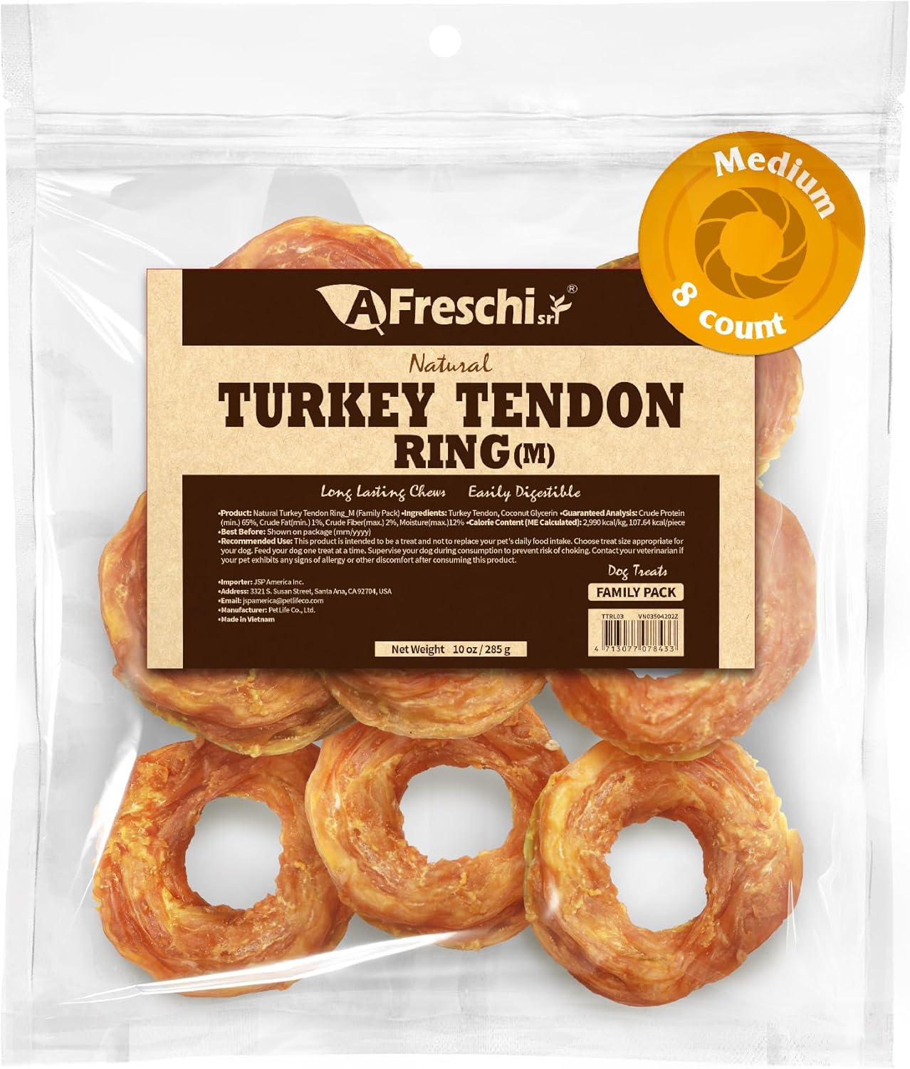 Afreschi Natural Turkey Tendon Ring (L) 10 oz, USA-Sourced Turkey Tendon, All Natural Puppy Chew, Hypoallergenic, Rawhide Alternative,for Large Breeds