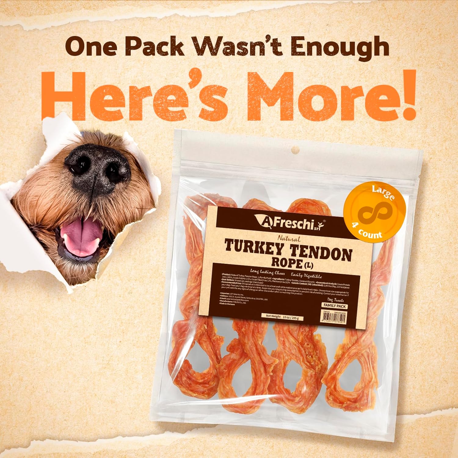 Afreschi Natural Turkey Tendon Rope (L) 10 oz, USA-Sourced Turkey Tendon, All Natural Puppy Chew, Hypoallergenic, Rawhide Alternative, for Large Breeds