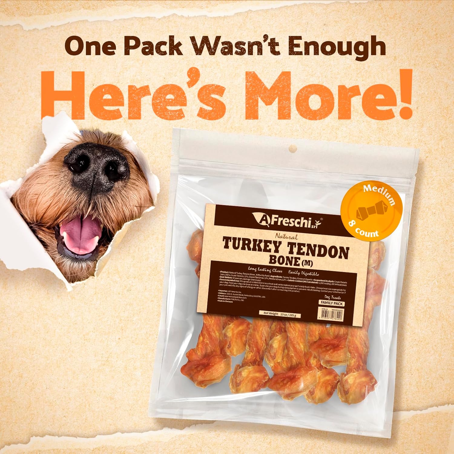 Afreschi Natural Turkey Tendon Bone (M) 10 oz, USA-Sourced Turkey Tendon, All Natural Puppy Chew, Hypoallergenic, Rawhide Alternative, for Medium Breeds