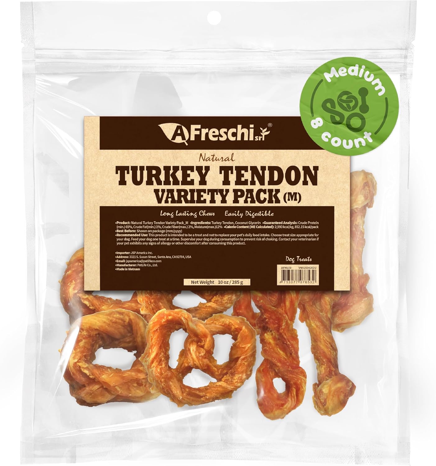 Afreschi Natural Turkey Tendon Bone (M) 10 oz, USA-Sourced Turkey Tendon, All Natural Puppy Chew, Hypoallergenic, Rawhide Alternative, for Medium Breeds