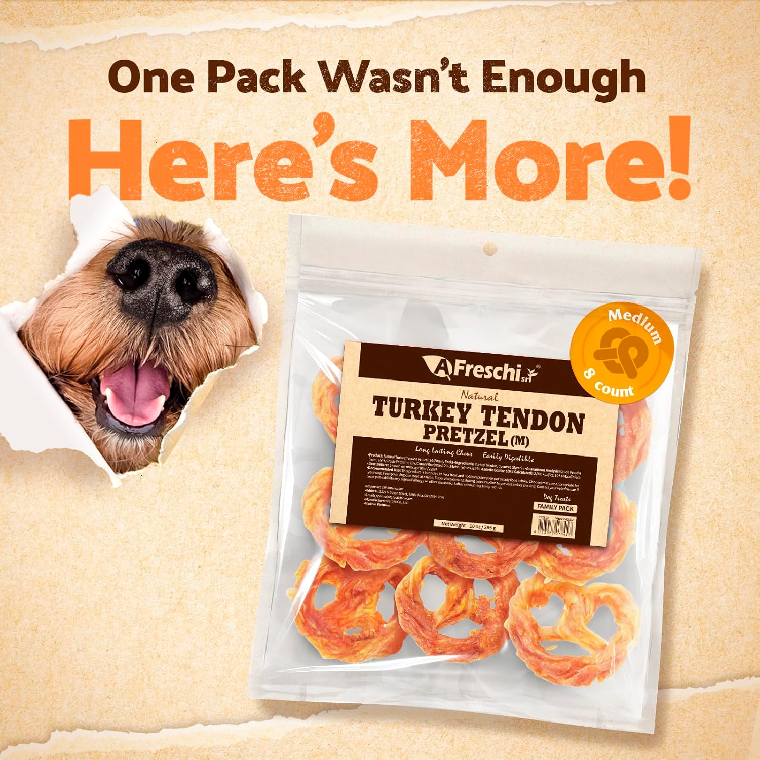 Afreschi Natural Turkey Tendon Pretzel (M) 10 oz, USA-Sourced Turkey Tendon, All Natural Puppy Chew, Hypoallergenic, Rawhide Alternative, for Medium Breeds