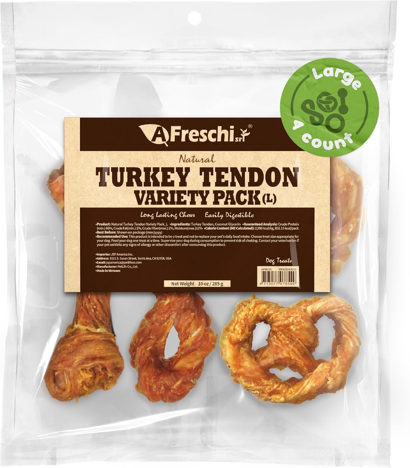 Afreschi Natural Turkey Tendon Bone (L) 10 oz, USA-Sourced Turkey Tendon, All Natural Puppy Chew, Hypoallergenic, Rawhide Alternative, for Large Breeds