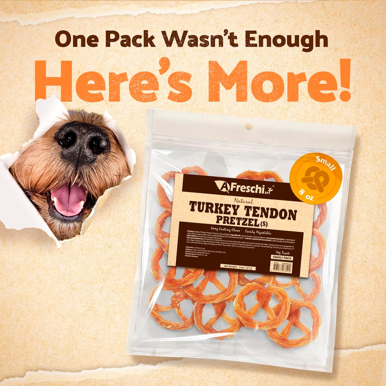 Afreschi Natural Turkey Tendon Pretzel (S) 8oz, USA-Sourced Turkey Tendon, All Natural Puppy Chew, Hypoallergenic, Rawhide Alternative, for Small Breeds