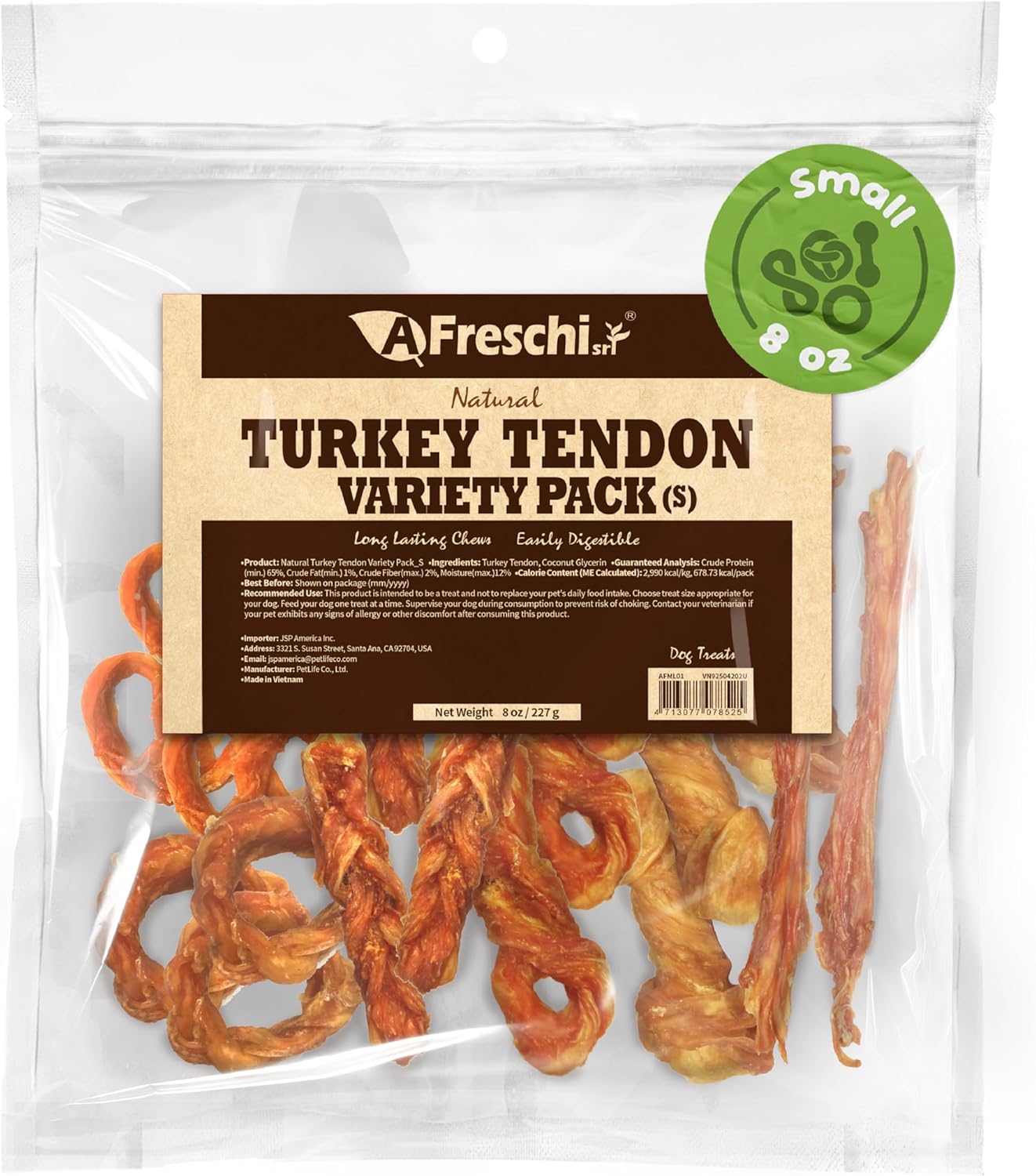 Afreschi Natural Turkey Tendon Bone (S) 8 oz, Turkey Sourced from USA, All Natural Puppy Chew, Hypoallergenic, Rawhide Alternative, for Small Breeds