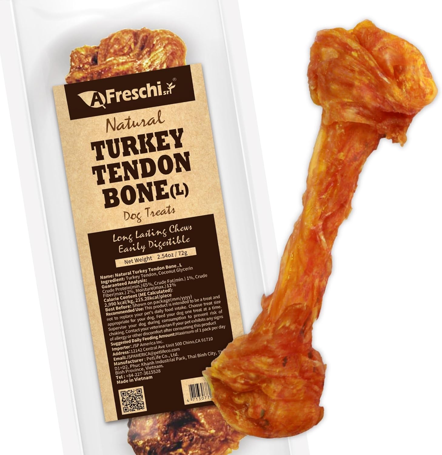 Afreschi Natural Turkey Tendon Bone (L) 1 Unit per Pack, Dog Treats for Signature Series, All Natural Human Grade Puppy Chew, USA-Sourced Turkey Tendon, Hypoallergenic, Rawhide Alternative