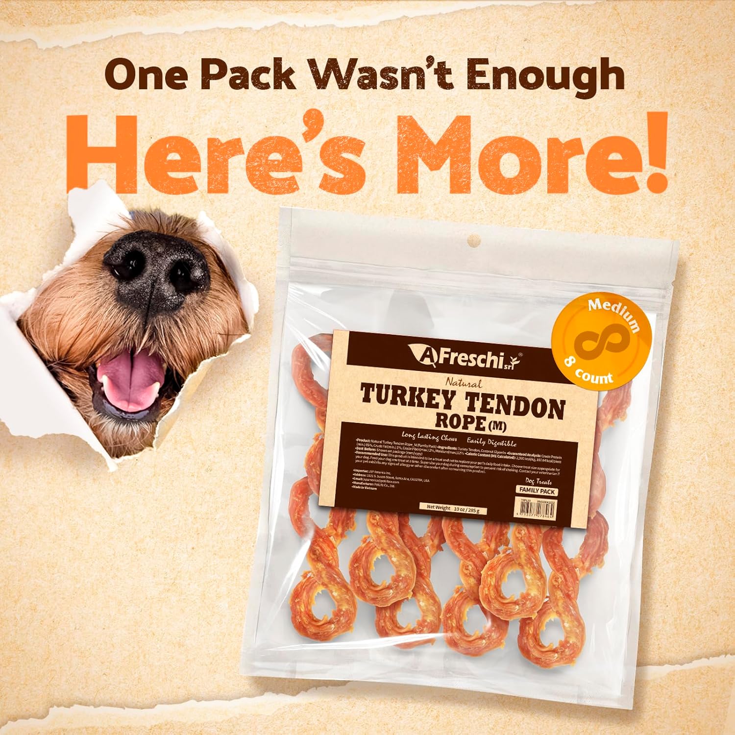 Afreschi Natural Turkey Tendon Rope (M) 10 oz Rope, USA-Sourced Trukey Tendon, All Natural Puppy Chew, Hypoallergenic, Rawhide Alternative, for Medium Breeds