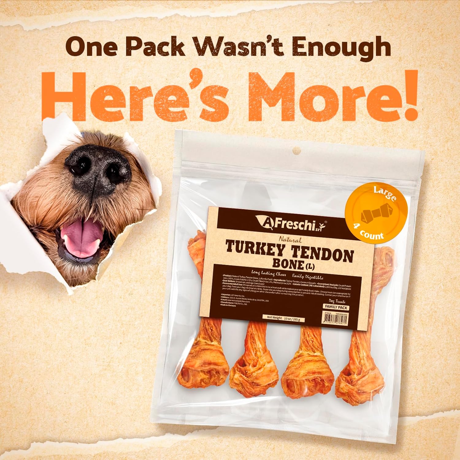 Afreschi Natural Turkey Tendon Bone (L) 10 oz, USA-Sourced Turkey Tendon, All Natural Puppy Chew, Hypoallergenic, Rawhide Alternative, for Large Breeds