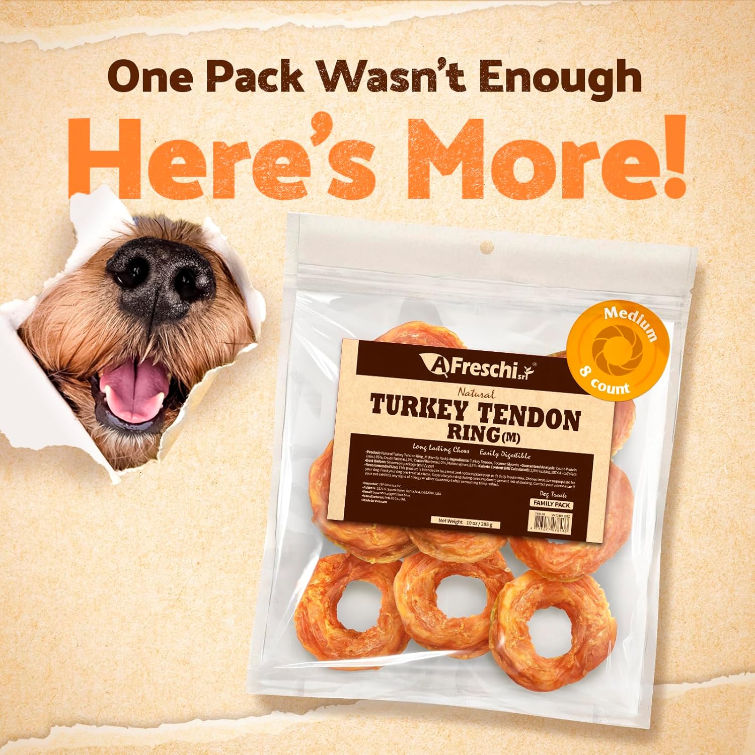 Afreschi Natural Turkey Tendon Ring (M) 10 oz, USA-Sourced Turkey Tendon, All Natural Puppy Chew, Hypoallergenic, Rawhide Alternative, for Medium Breeds
