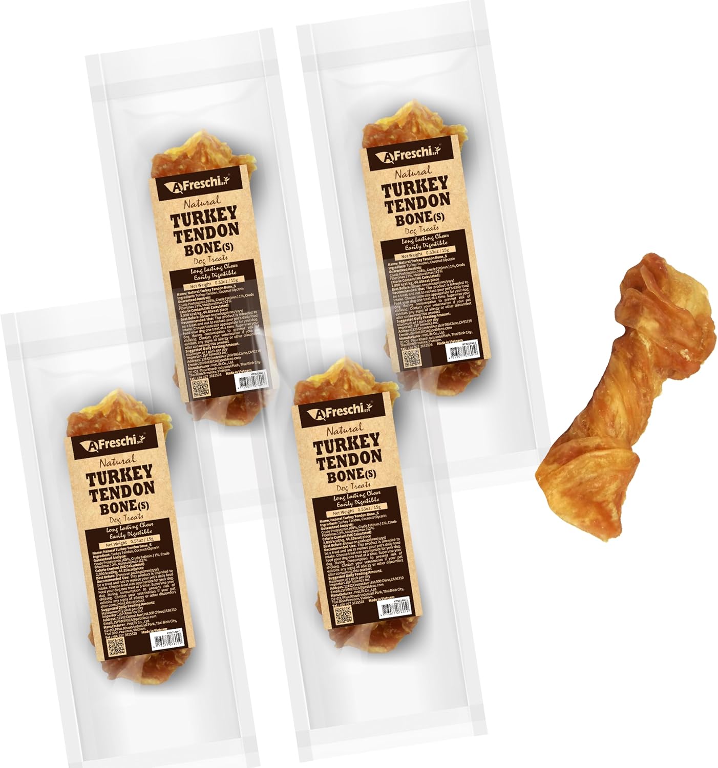 Afreschi Natural Turkey Tendon Bone (L) 1 Unit per Pack, Dog Treats for Signature Series, All Natural Human Grade Puppy Chew, USA-Sourced Turkey Tendon, Hypoallergenic, Rawhide Alternative