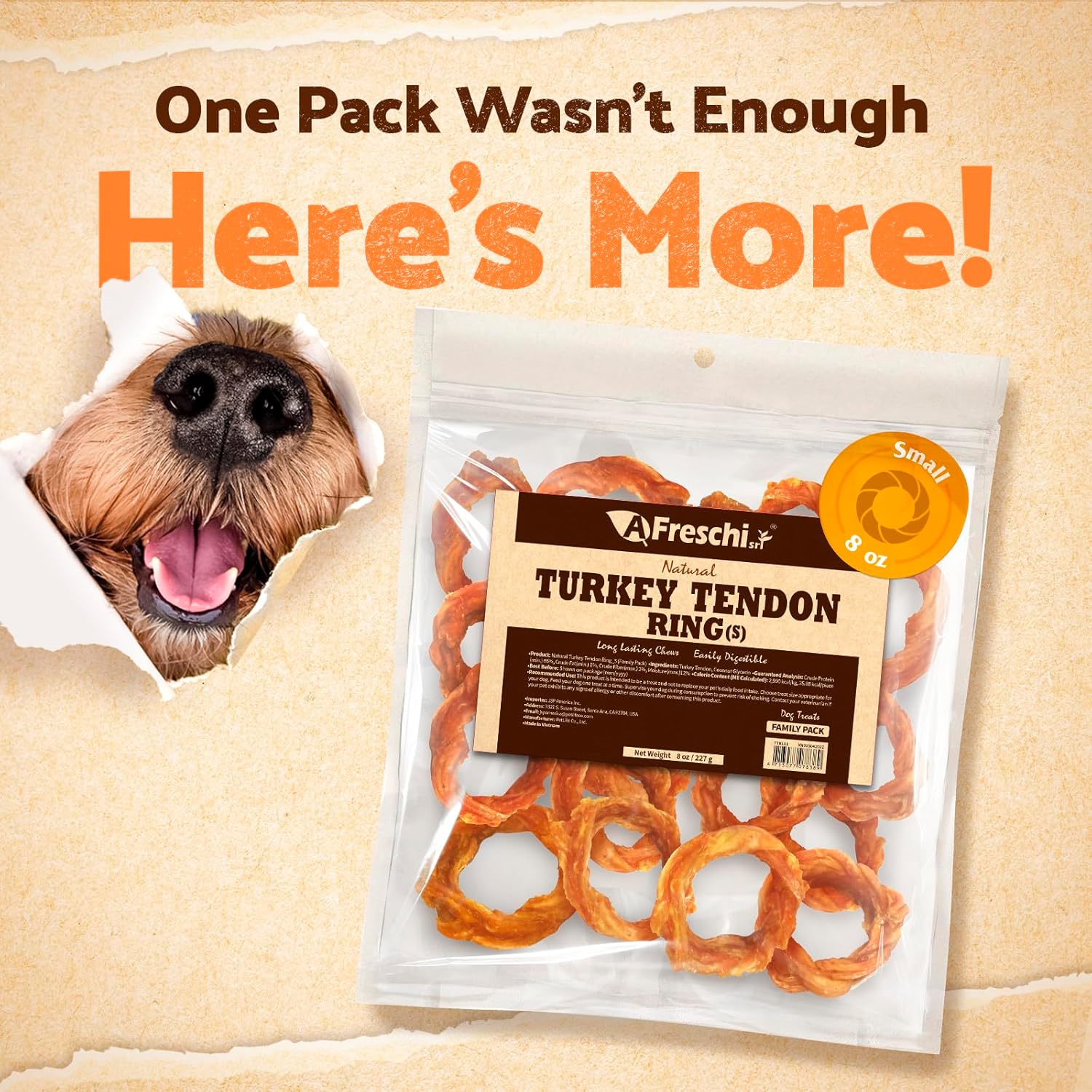 Afreschi Natural Turkey Tendon Ring (S) 8 oz, for Small Breeds, USA-Sourced Turkey Tendon, All Natural Puppy Chew, Hypoallergenic, Rawhide Alternative