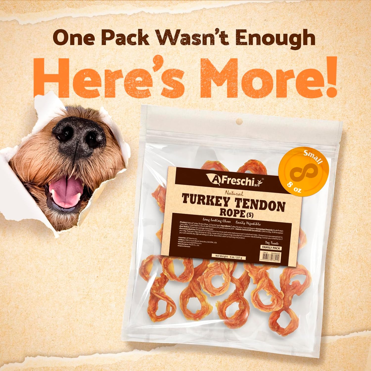 Afreschi Natural Turkey Tendon Rope (S) 8 oz, USA-Sourced Turkey Tendon, All Natural Puppy Chew, Hypoallergenic, Rawhide Alternative, for Small Breeds